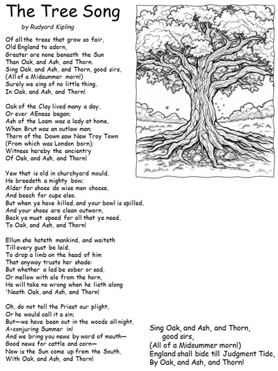 printable lyrics for The Tree Song by Rudyard Kipling with an image of an oak.  Font Comic Sans serif