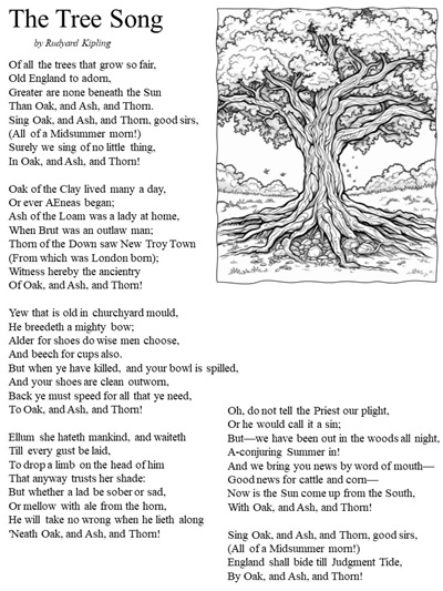 printable lyrics for The Tree Song by Rudyard Kipling with an image of an oak.  Font Times New Roman