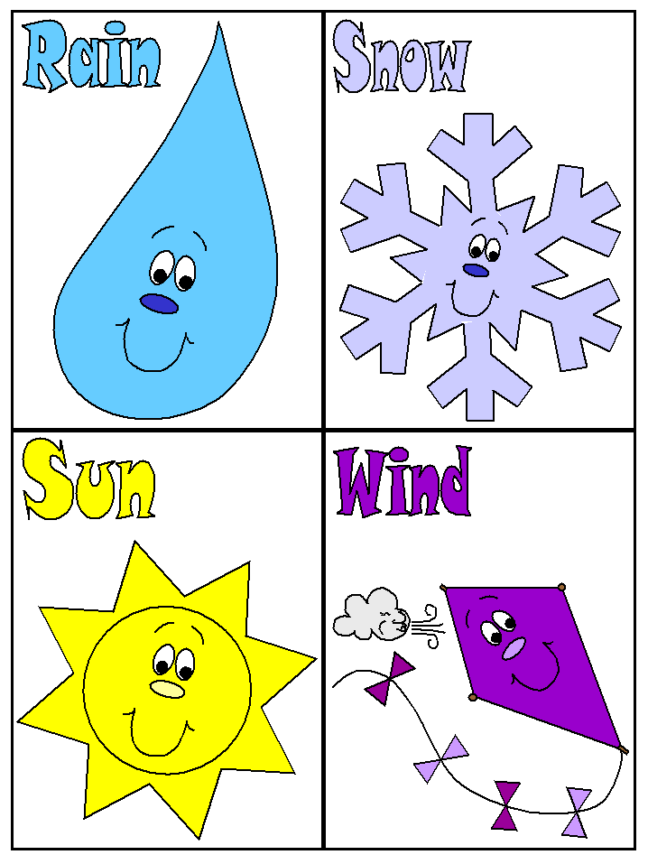four weather cards colouring pages