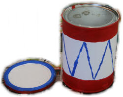 Paint blue around the top of the lid and strips on the sides of the can.