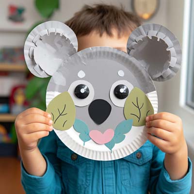 Paper Plate Koala Craft with leaves