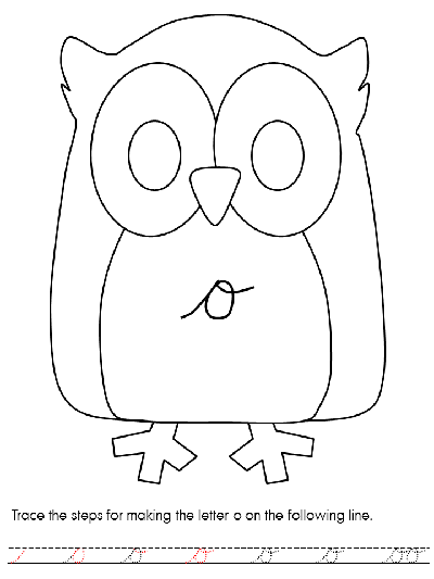 owl coloring page with letter 0 handwriting practice