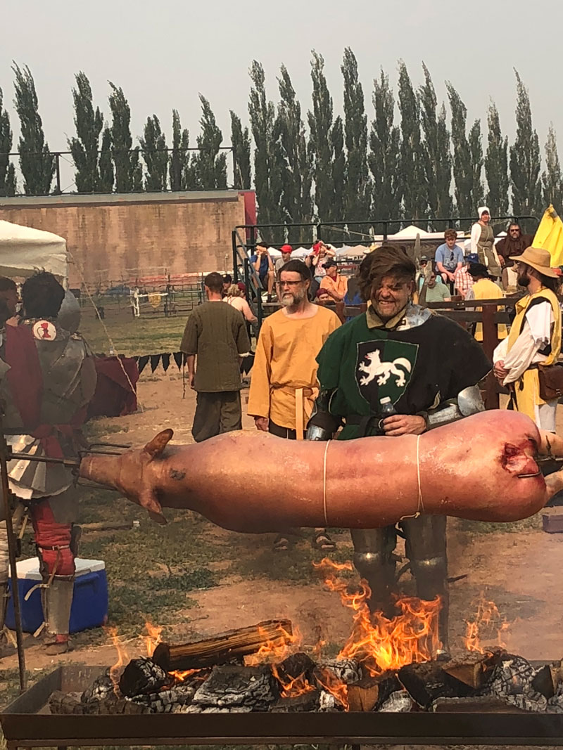 Roasting a pig.