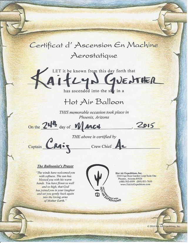 Hot Air Ballooning in Arizona: certificate