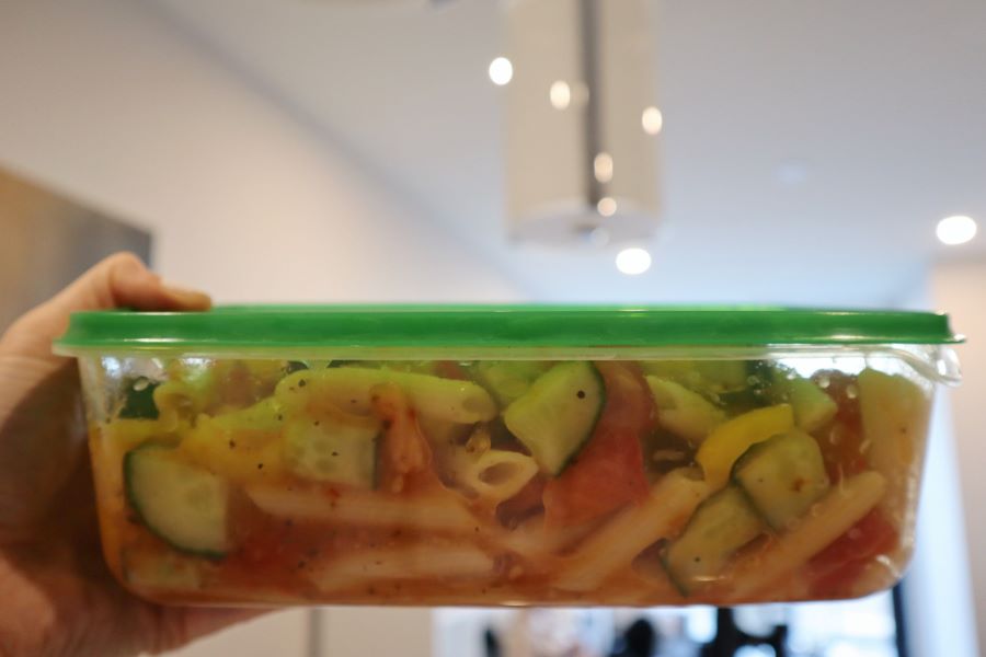Making pasta salad for a day hike