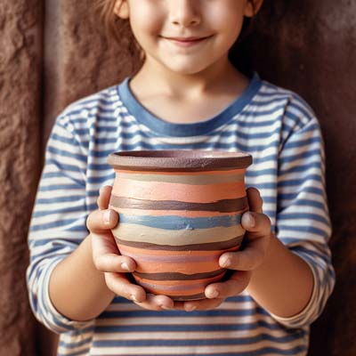 child holding a decorated flower pot