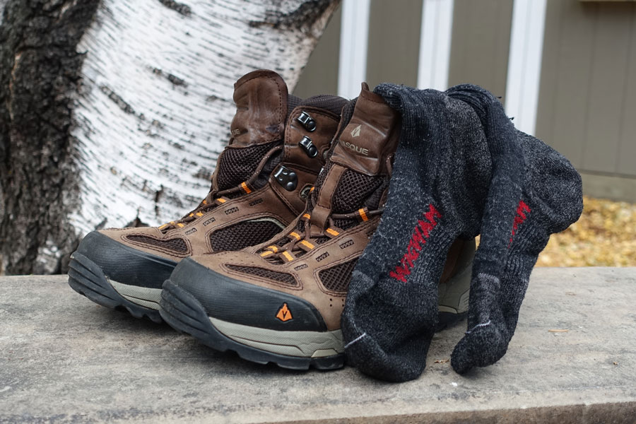 Hiking boots and wool socks.