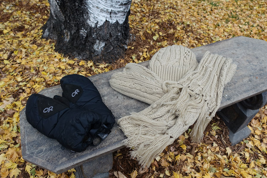 Scarf, touque and mittens.