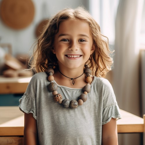 wearing multi-colored clay beads