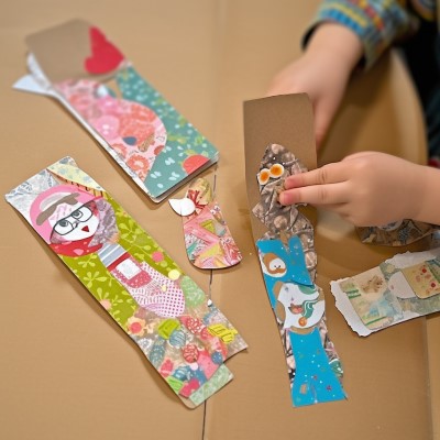 bookmark made with cardboard and scraps of torn paper