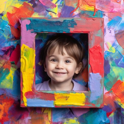colorfully painted cardboard picture frame with a friend's photo
