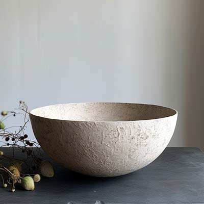 paper mache bowl with a scrunched layer of tissue paper on top painted white
