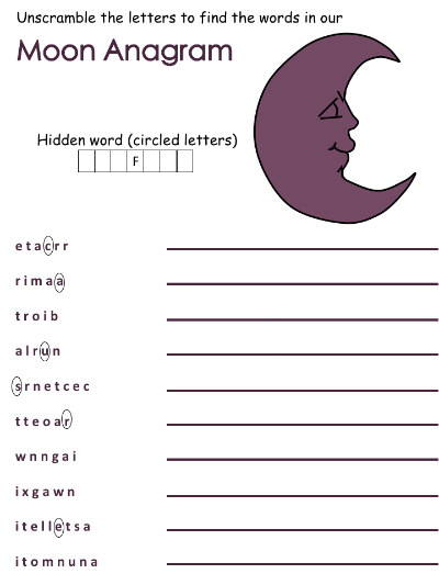 outer space themed anagrams - moon