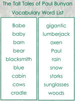 Paul Bunyan vocabulary list