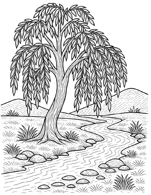 adult coloring page of a willow by the river