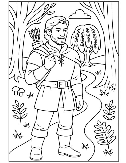 coloring page of the young hunter in the forest