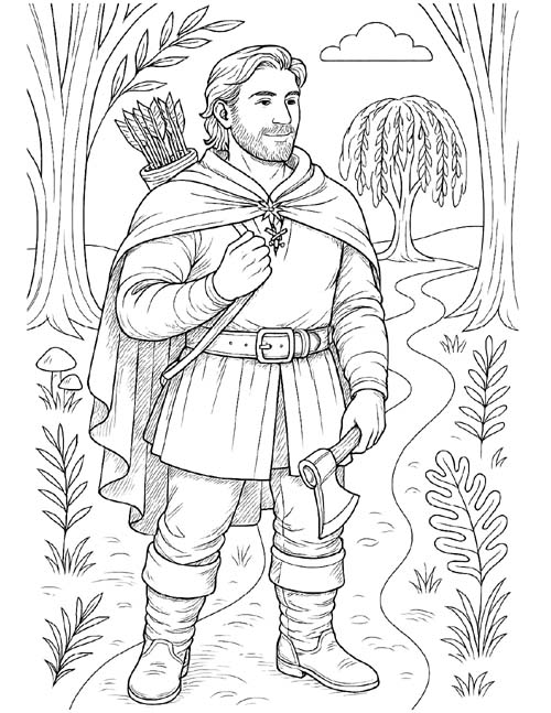 adult coloring page of the hunter in the forest