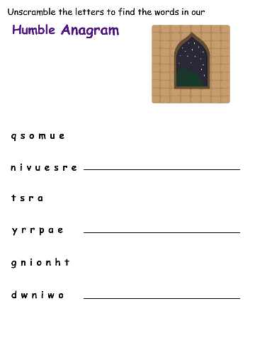 The coloured easy anagram worksheet for the Nasruddin fable Humble.