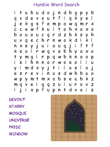 The coloured, easy and lowercase version of the word search worksheet for the Nasruddin fable Humble.