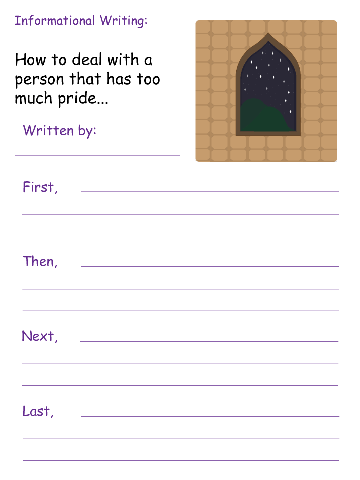 The coloured informational writing worksheet for the Nasruddin fable Humble.