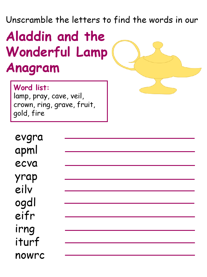 The easy, colored version of the anagrams for Aladdin and the Wonderful Lamp.