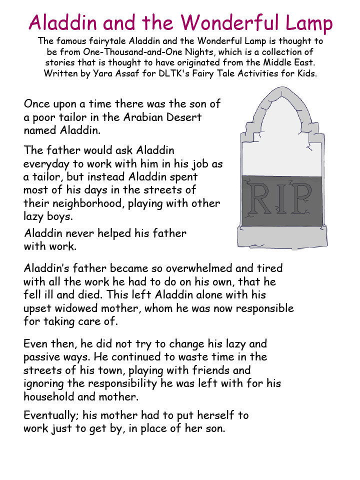 The first page of the story of Aladdin and the Wonderful Lamp, in colour.