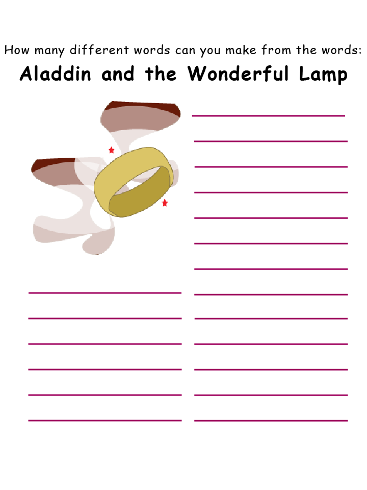 The word mine printable template for the phrase 'Aladdin and the Wonderful Lamp'