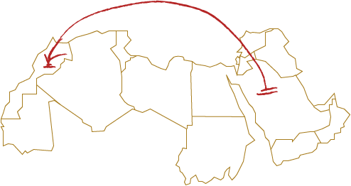 A map showing where Aladdin's palace is going, from Arabia to North Africa (Morocco specifically, where the magician is from).