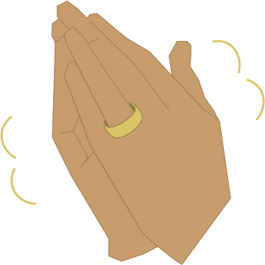 Aladdin praying and rubbing his hands while wearing his ring, which causes the genie of the ring to come out.