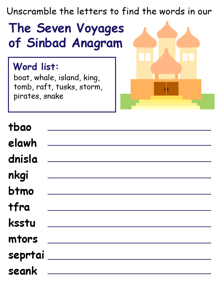 The easy, colored version of the anagrams for The Seven Voyages of Sinbad.